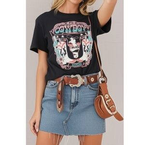 Black 100% Cotton Cowboy Longhorn Graphic T Shirt Round Neck Short Sleeve Boho